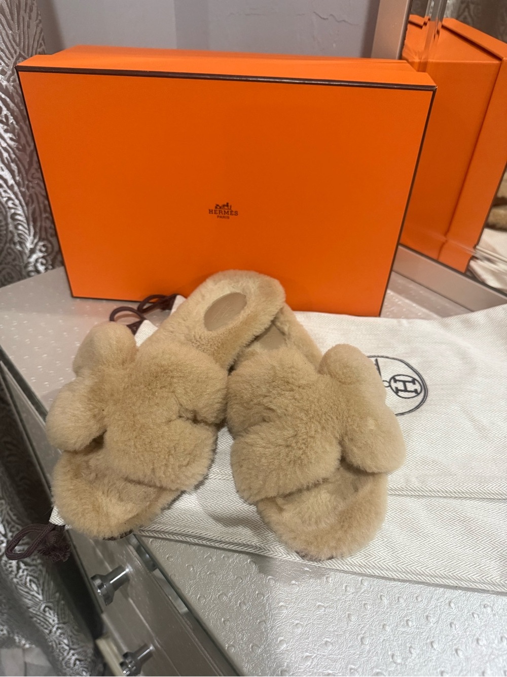 Authentic Hermes Woolskin Oran sandals